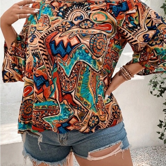 CHICME Blue and Red Graphic 3/4 Sleeve Blouse NWOT XL - Picture 3 of 7